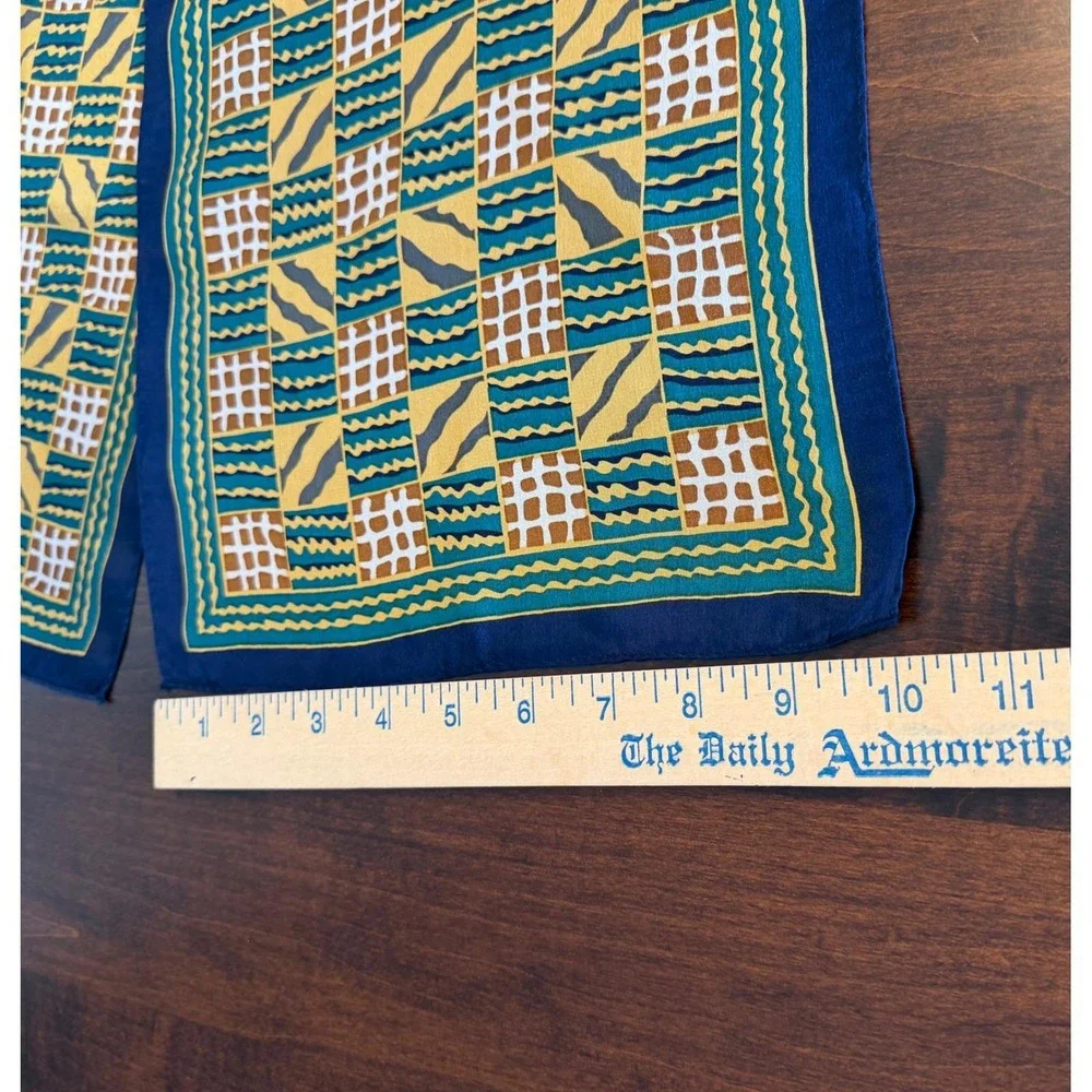 Vintage 80s ACUTE Silk‎ Scarf Navy Gold Geometric Animal Op Art Power Dressing